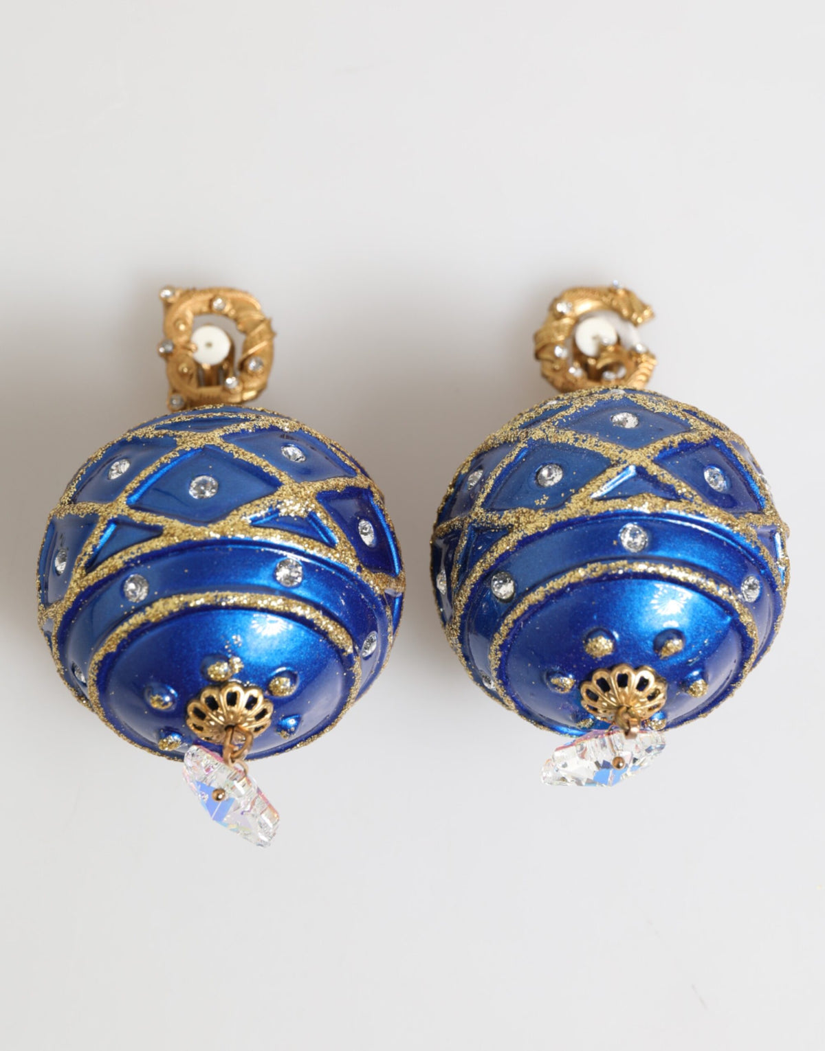 Dolce & Gabbana Vergoldetes Messing Blau Christbaumkugel Kristall Ohrclips