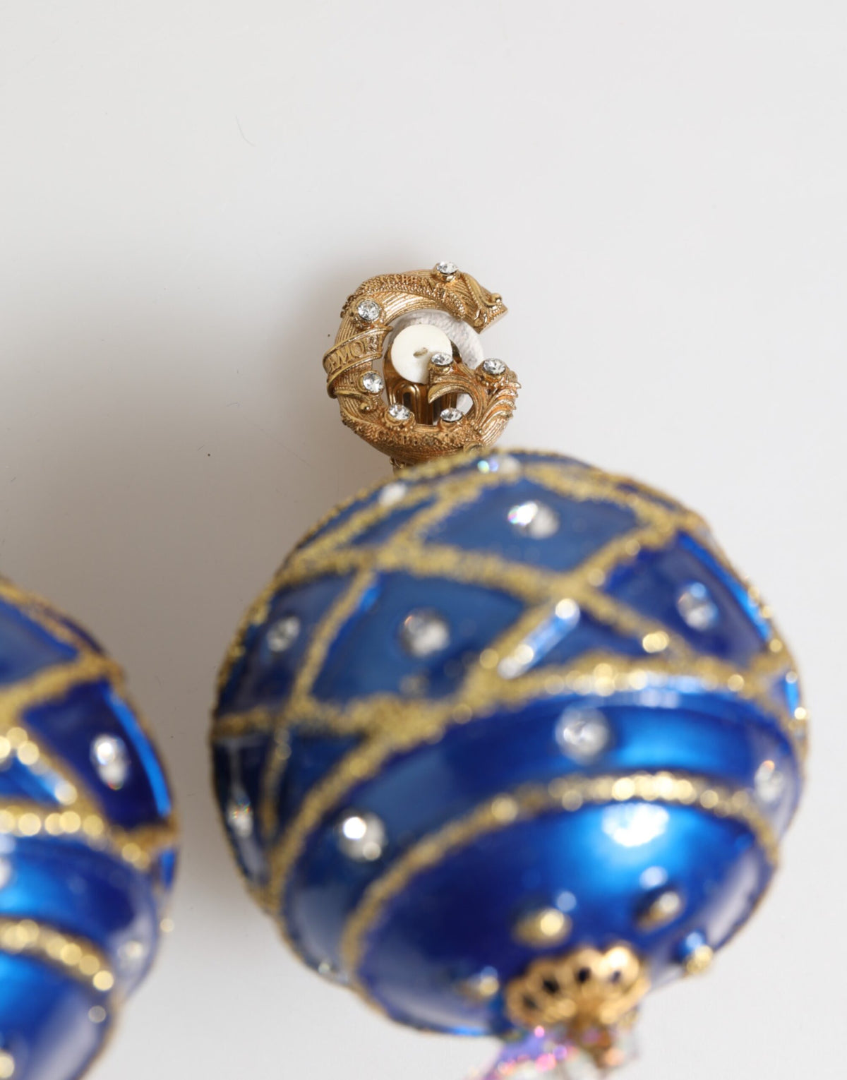 Dolce & Gabbana Vergoldetes Messing Blau Christbaumkugel Kristall Ohrclips