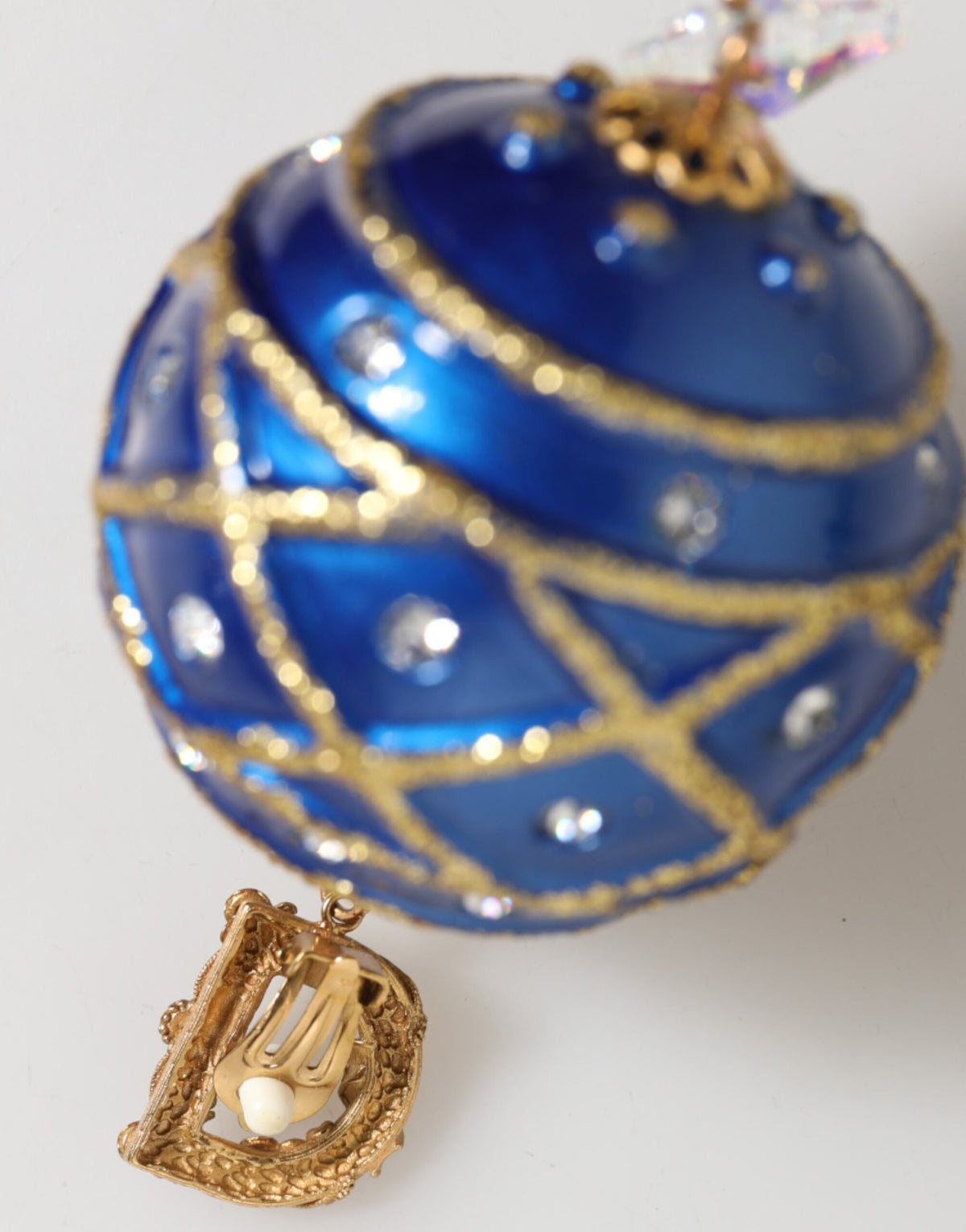 Dolce & Gabbana Vergoldetes Messing Blau Christbaumkugel Kristall Ohrclips