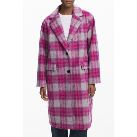 Plaid coat with pink and gray pattern on a white background