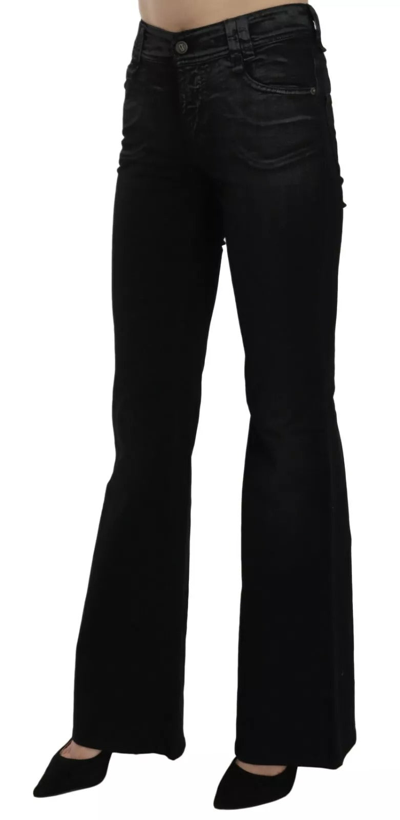 Black flared jeans on a white background