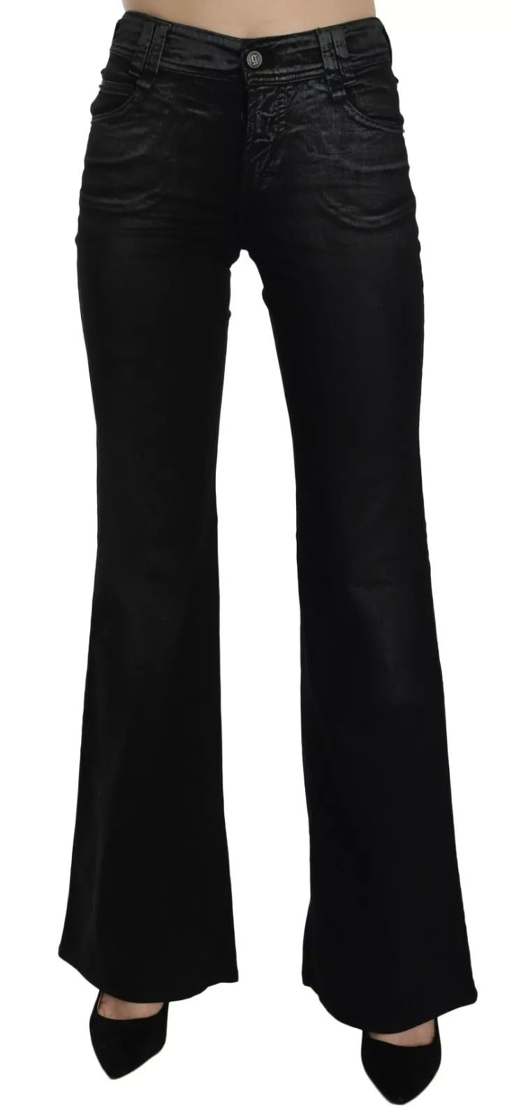 Black flared jeans on a white background